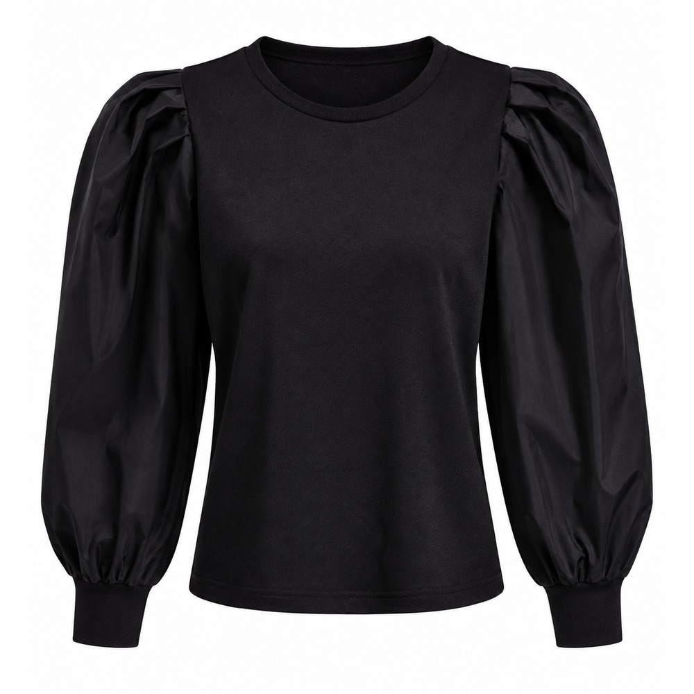 Tanya Taylor Womens L Black Puff Sleeve Mixed Media Top Coquette Quiet Luxury